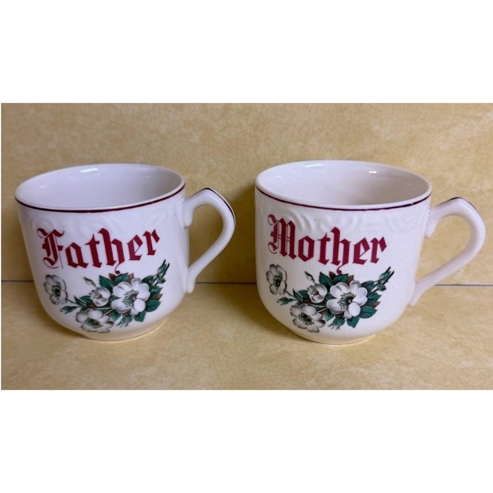 Father Mother Ceramic Cup Mug Set Made in Japan Vintage Floral Coffee Cups Ivory
